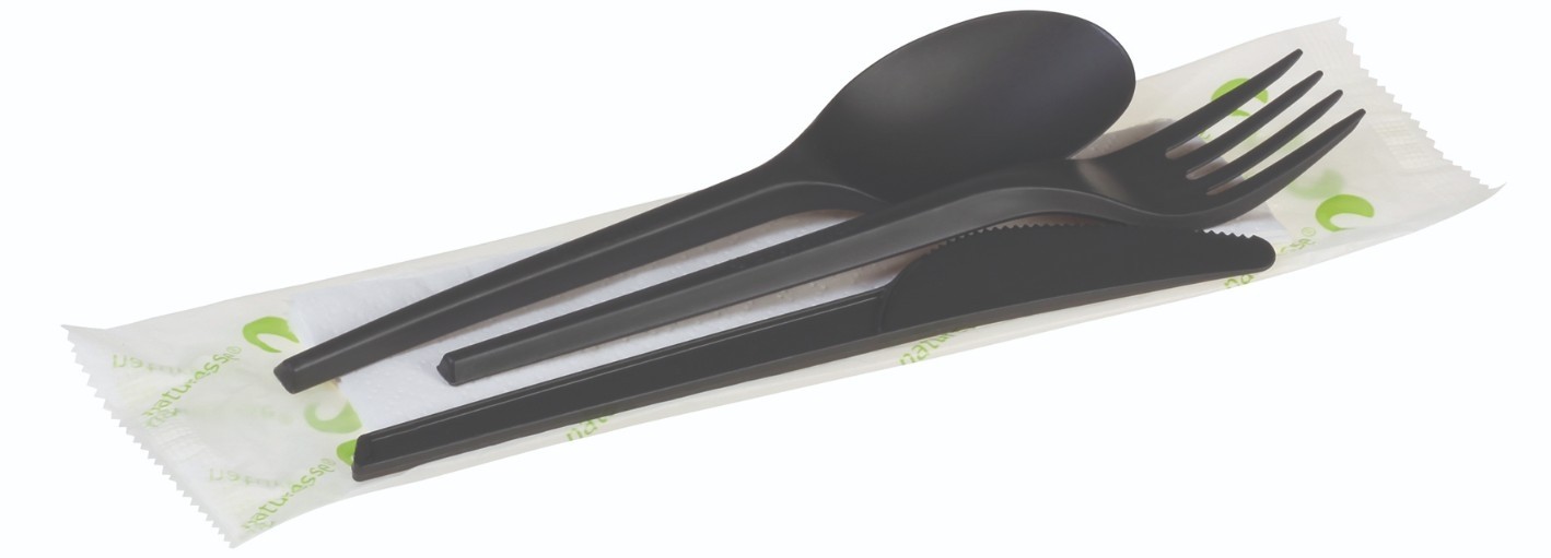 CPLA, Sæt 4 sort (Kniv-gaffel-suppeske-serviet) - 1 stk pk*