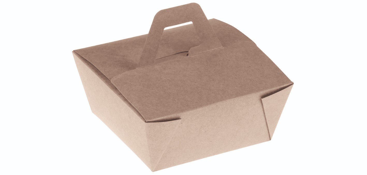 Bambuskarton, PLA coated takeaway box m håndtag, 150x150x65mm - 300 stk krt