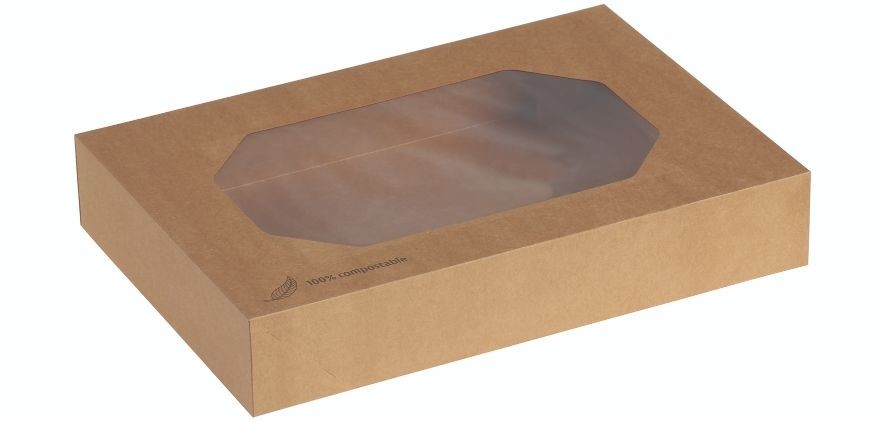 Kraft/PLA, Transportbakke "M" m PLA vindue, 460x320x80mm - 50 stk krt