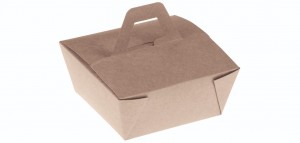 Bambuskarton, PLA coated takeaway box m håndtag, 150x150x65mm - 300 stk krt