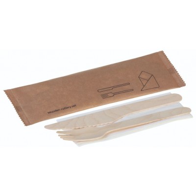 Træ, Sæt 3 dele, kniv, gaffel og serviet, FSC 100% - 1 stk pk*