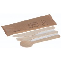 Træ, Sæt 4 dele, kniv, gaffel, ske og serviet, FSC 100% - 250 stk krt*